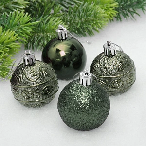 Новогодние шары 5 см (набор 4 шт) "Микс фактур", изумруд