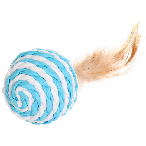 Игрушка - шарик для кошек ИГРУЛИК, перышко, цвет голубой, d-5см, длина 10см (пакет с подвесом)_4