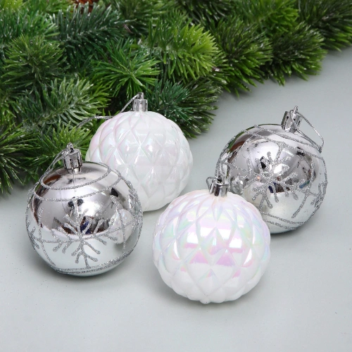 Набор шаров "Метелица" 7 см (в наборе 4 шт), Белый, серебро