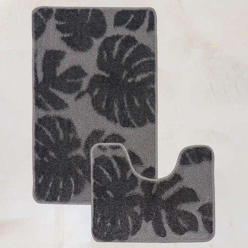 Комплект ковриков для ванной и туалета My Crystal серия Gold 50*80 и 40*50 Монстера антрацит 