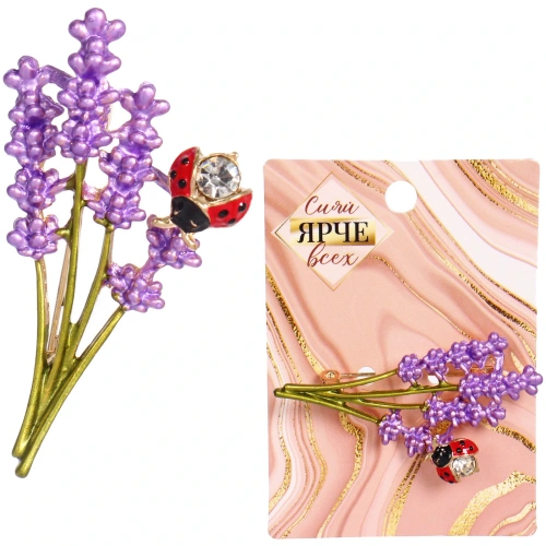 Брошь "GOLD Podarok", Веточка лаванды с божьей коровкой, цвет как на фото, 5.2*2.5см (символ Любви и Нежности)