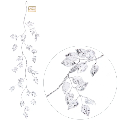 Ветка декоративная "Сияющие листья" 100 см, Серебро