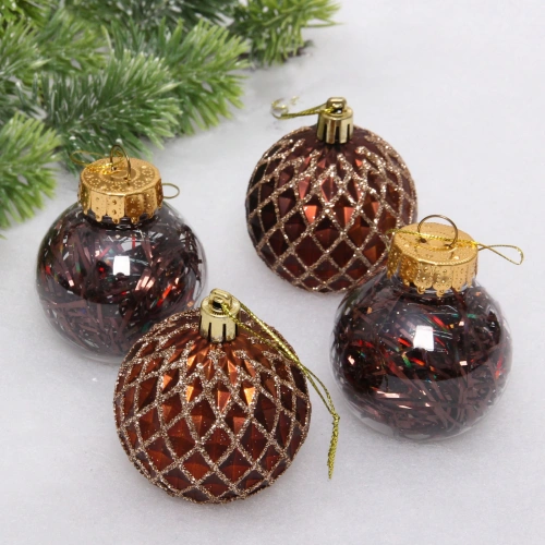 Новогодние шары 6 см (набор 4 шт) "Яркая метель", шоколад/шампань